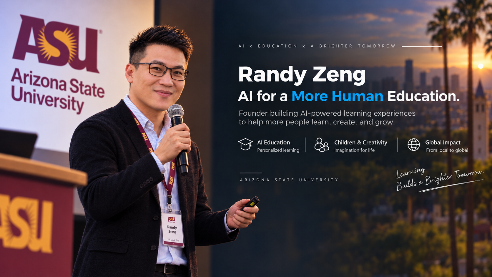 Randy Zeng speaking with a microphone at Arizona State University.